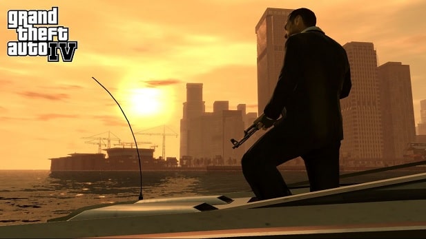 Screenshot from Grand Theft Auto IV video game of a man in a boat (on the water) holding a gun with a city’s skyline in the background