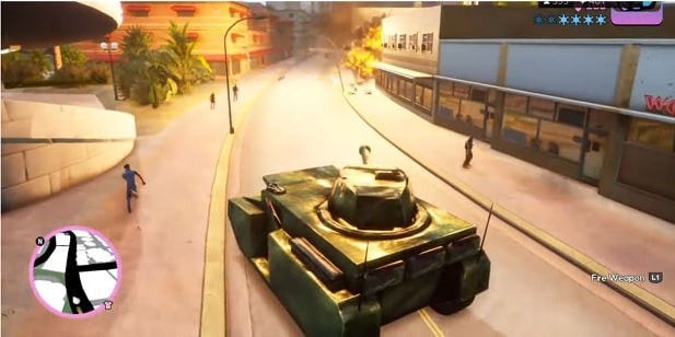 Screenshot from Grand Theft Auto video game of a tank in a road and pedestrians on the pavement