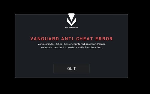 Vanguard, Vanguard Anti-Cheat Error, Vanguard Anti-Cheat has encountered an error. Please relaunch the client to restore anti-cheat function. Quit. (Screenshot from reddit.com).